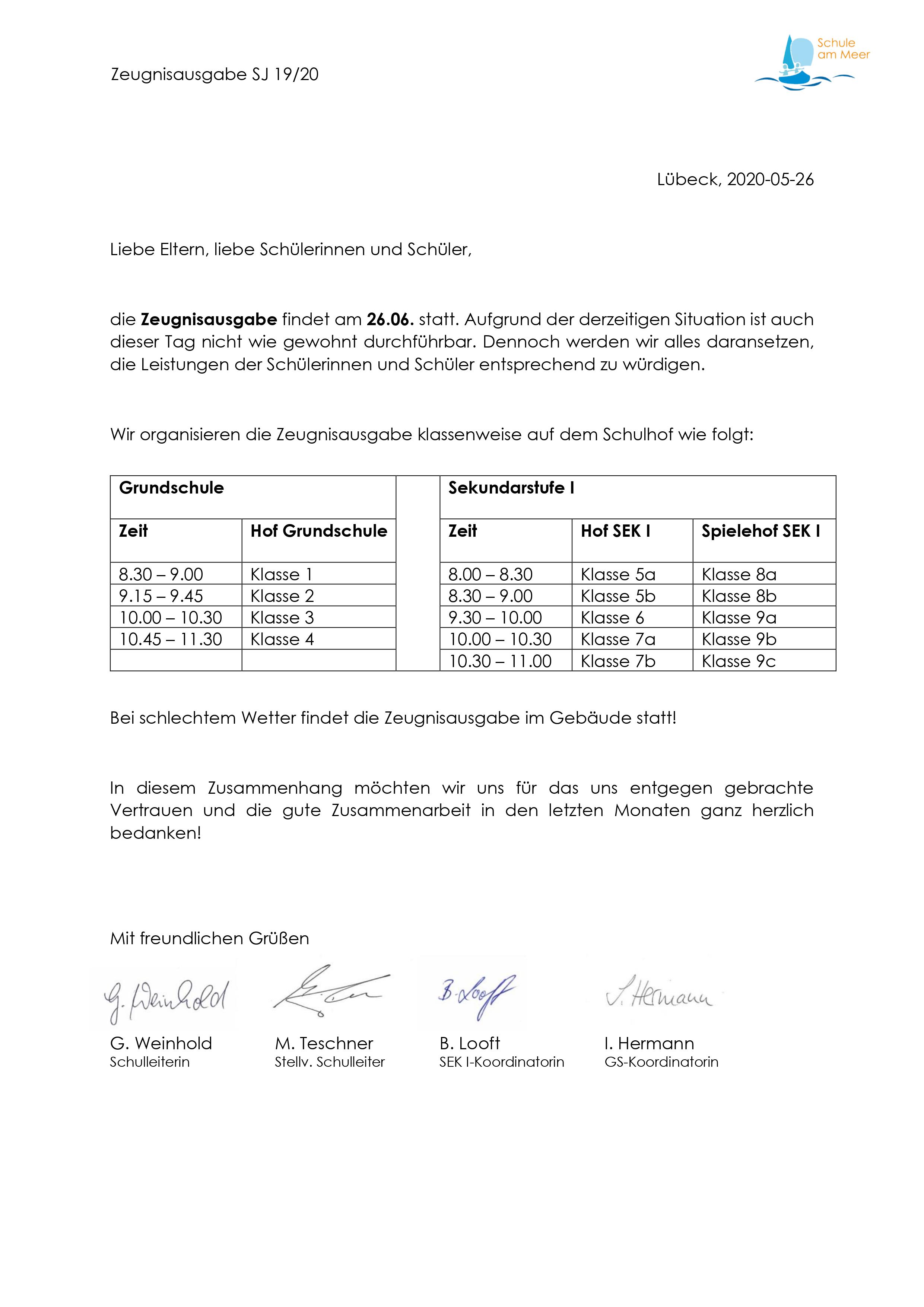 Zeugnisausgabe am letzten Schultag